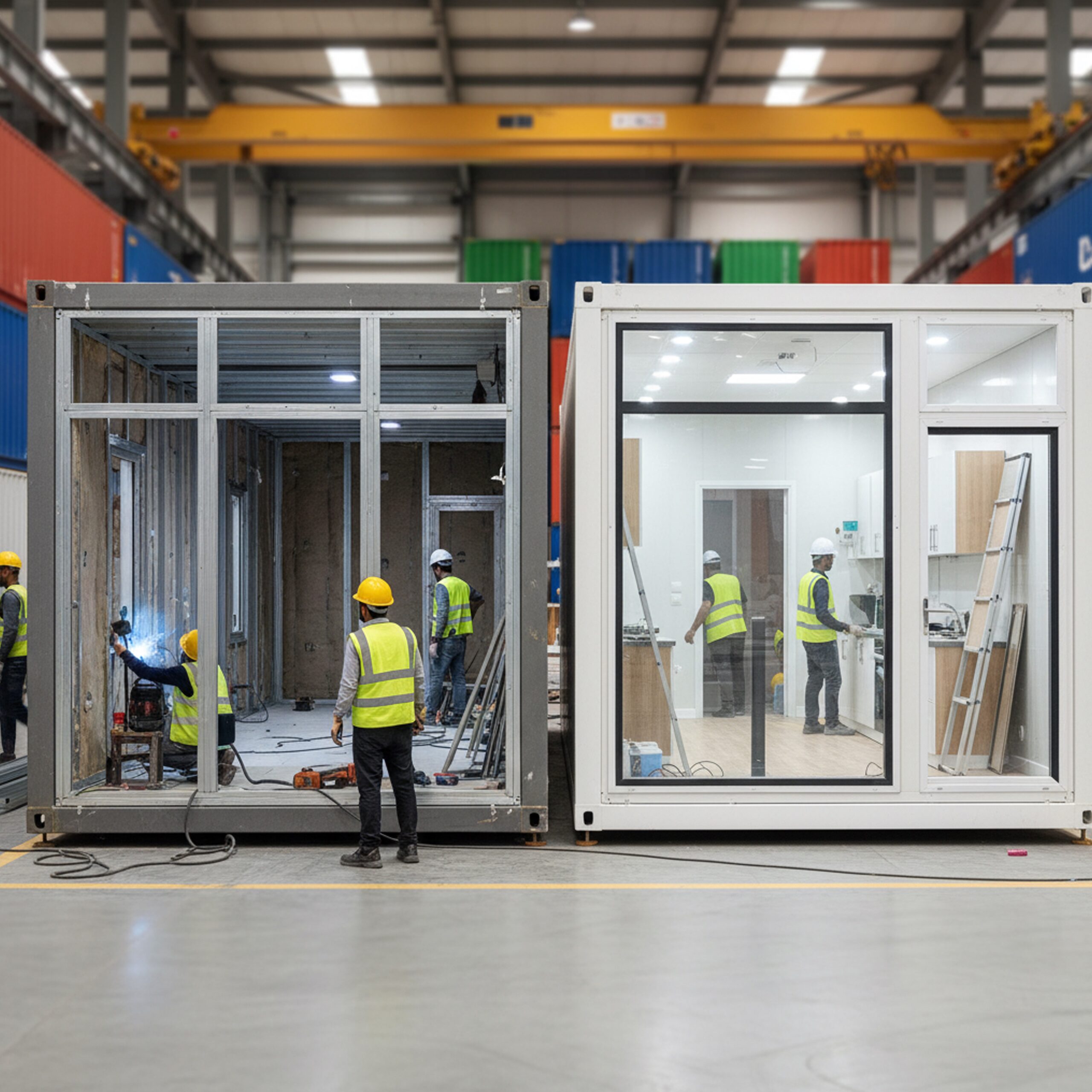 The manufacturing process of a prefabricated building at the Bait Al-Jazeera factory.