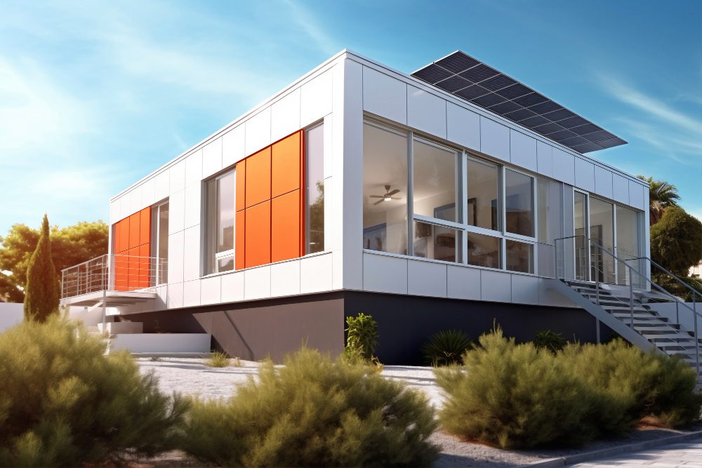 About Us 1 A modern, prefabricated home with a large swimming pool and lush green trees in the backyard