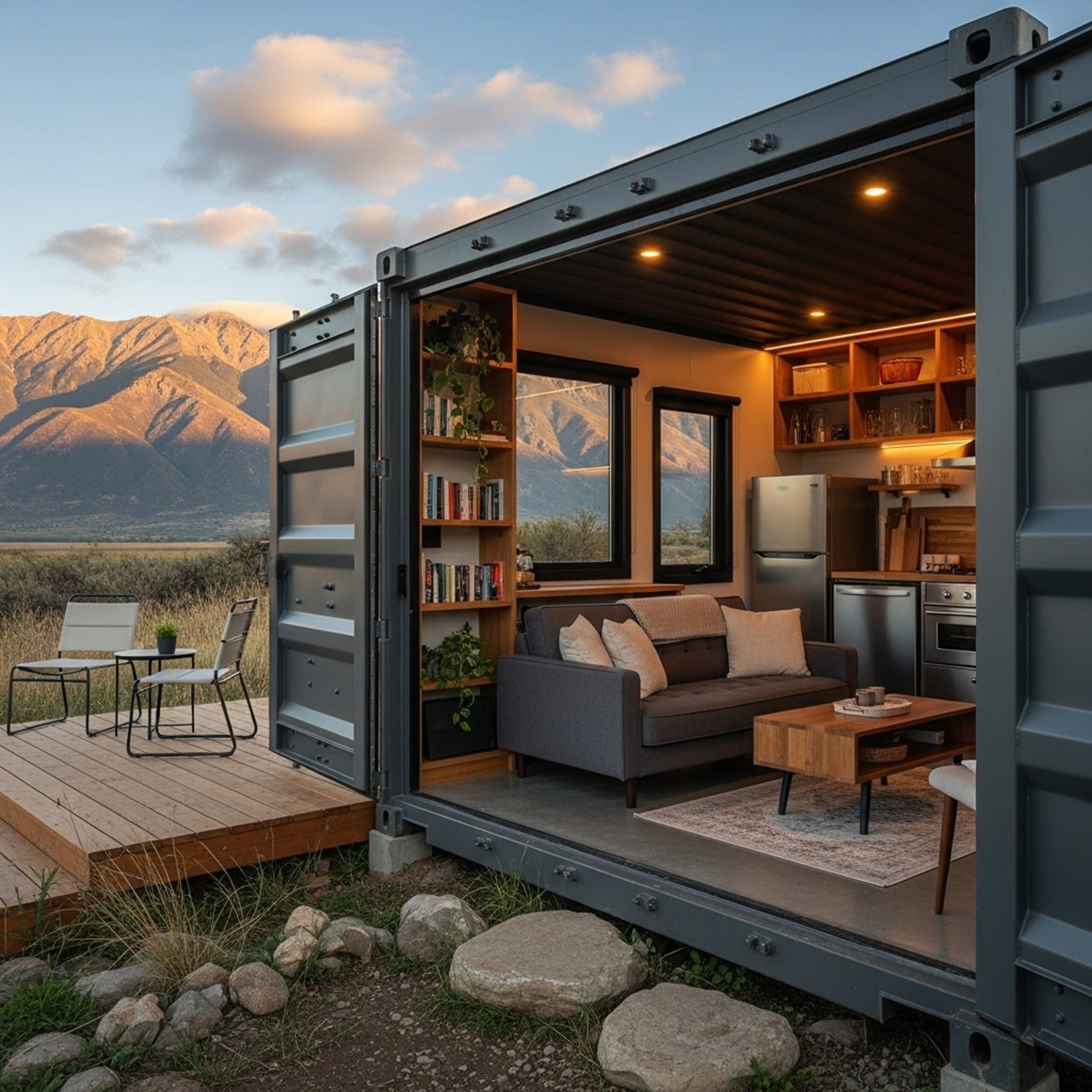 An interior view of a modified container home, featuring a comfortable living space with a modern finish.