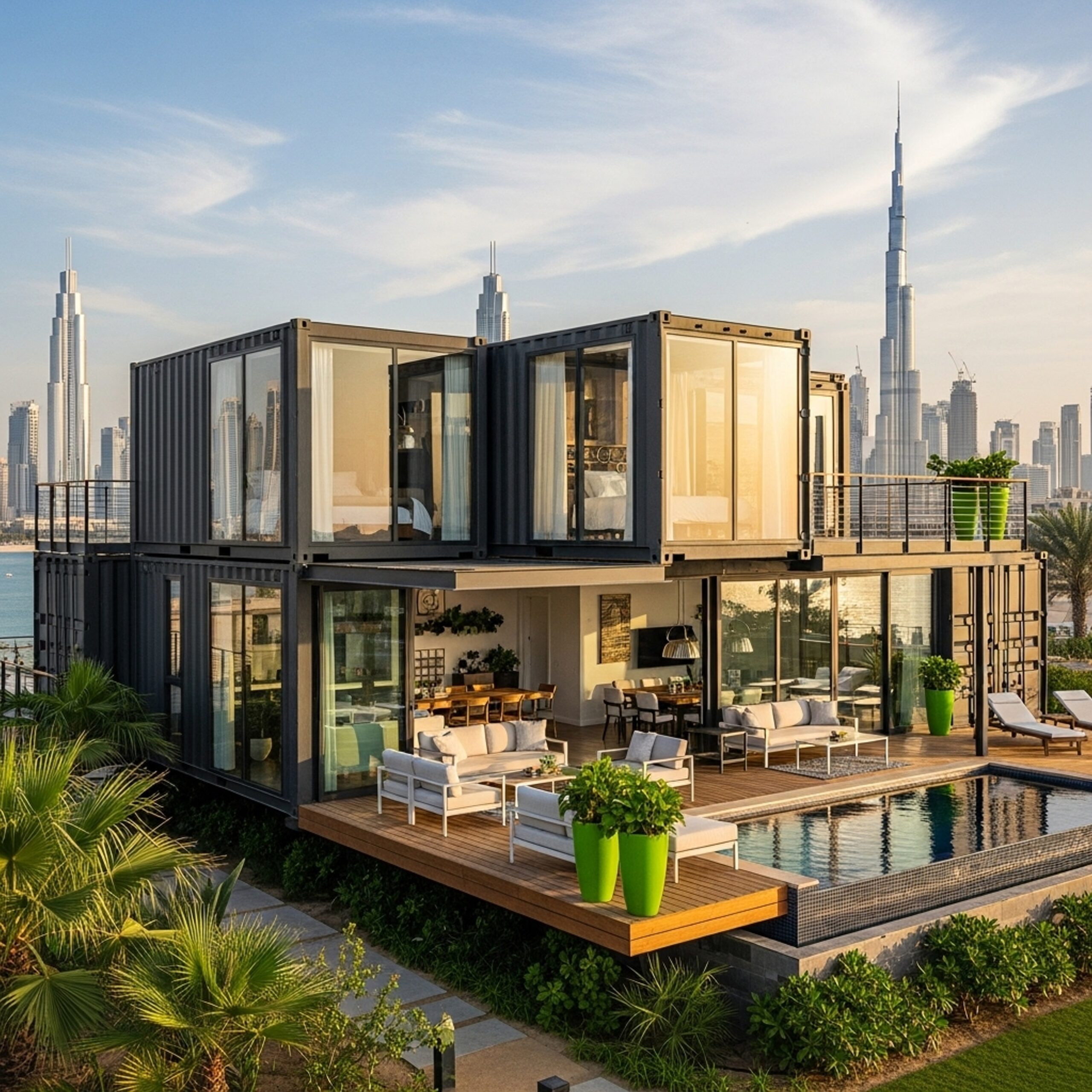 A modern, modified container home for sale, showcasing its stylish design and functional layout.