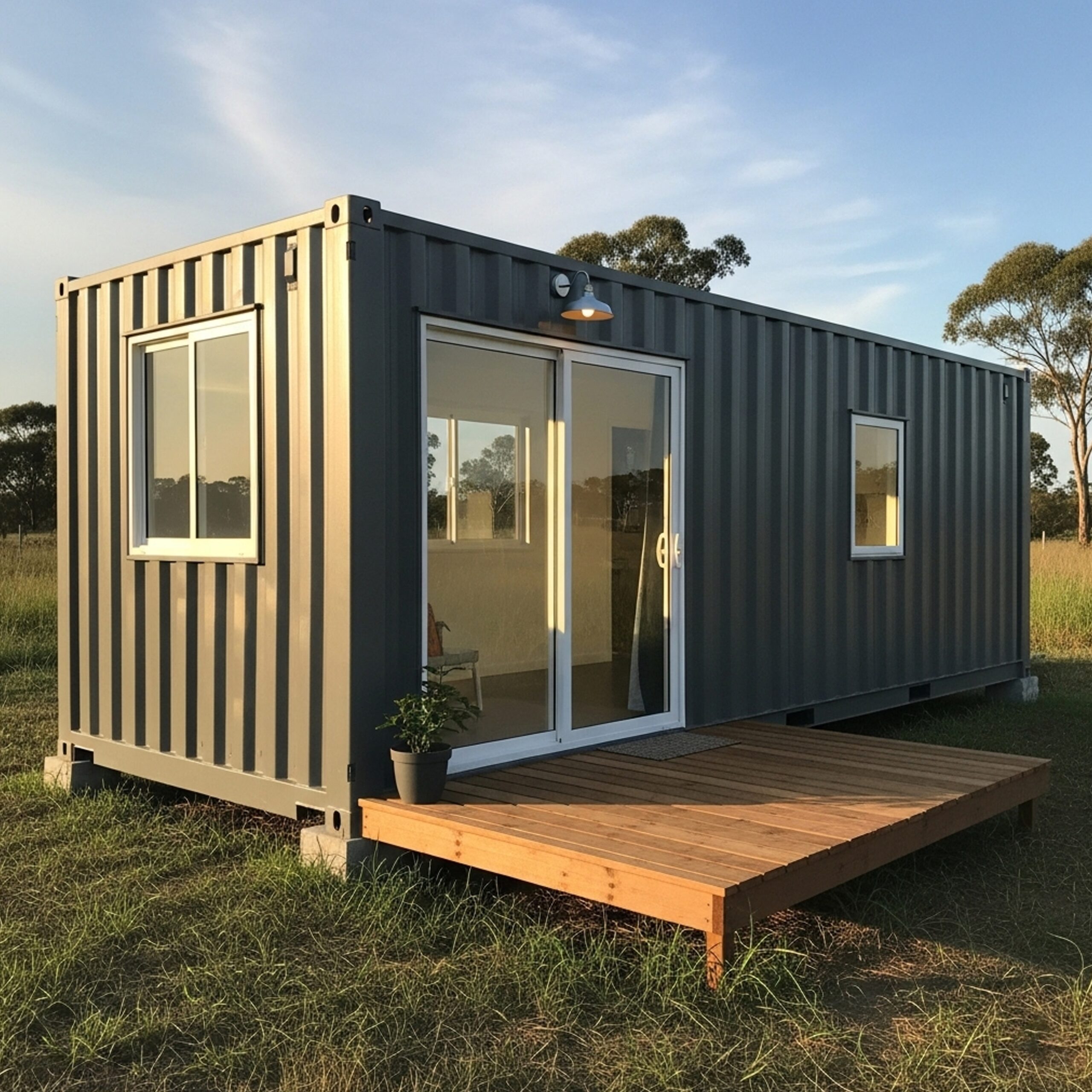An interior view of a modified container home, featuring a comfortable living space with a modern finish.