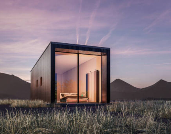 3d rendering illustration of small box cabin minimal house with natural scenery